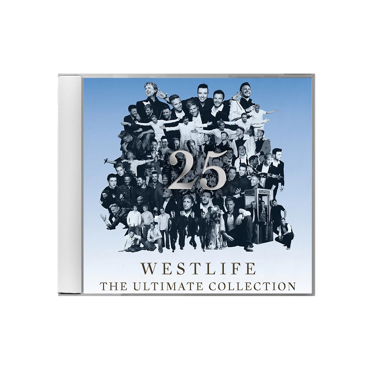 Image of CD cover of Westlife's 'The Ultimate Collection' with a collage of band members and the number 25 on a blue background.