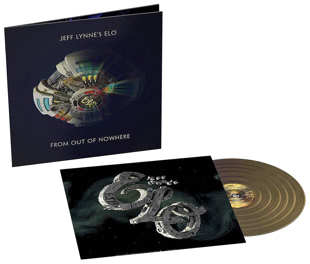 Image of Artwork for Jeff Lynne's ELO' From Out Of Nowhere album, with sleeve and gold vinyl record
