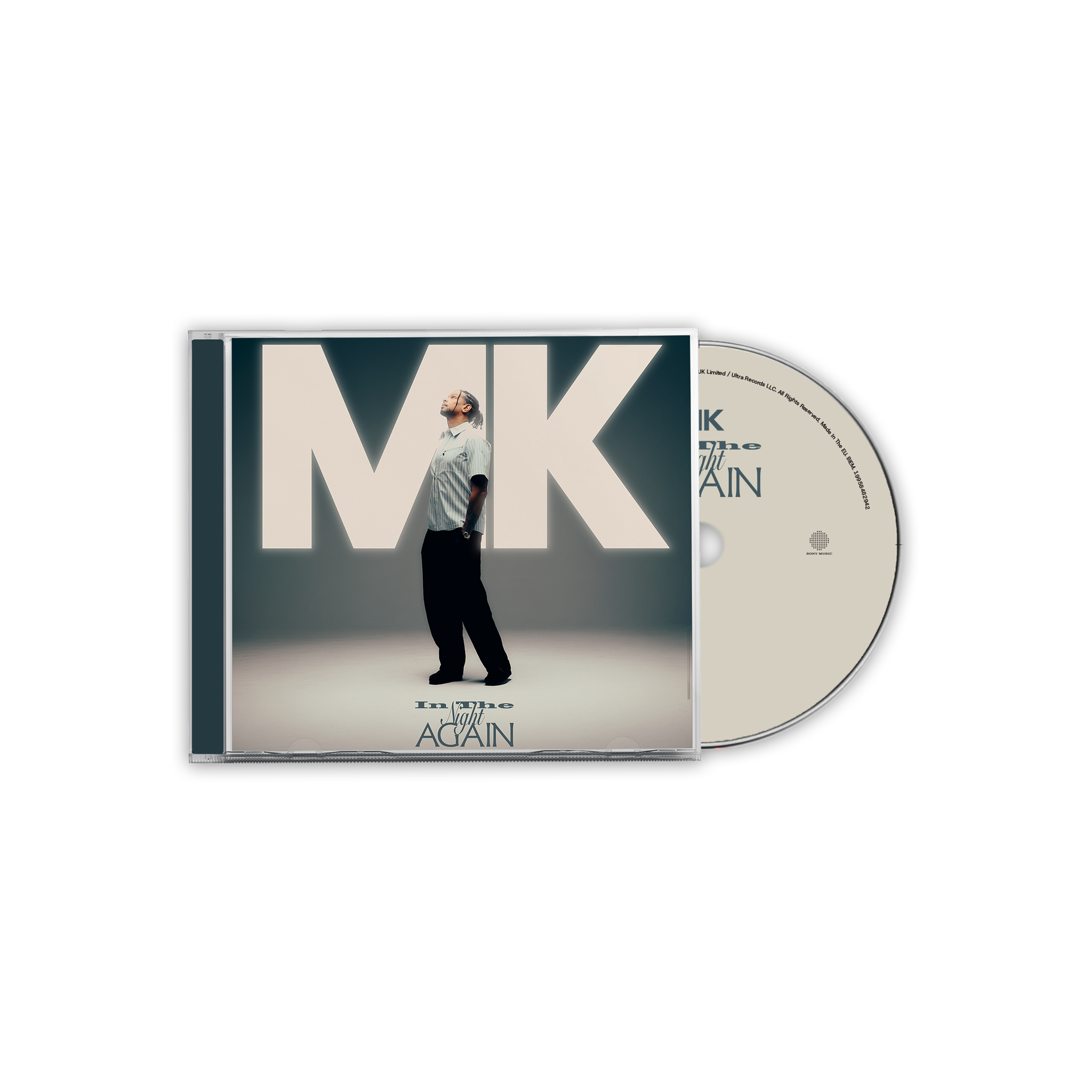 Image of MK - In The Night Again - CD. 
A CD album case with the cover partially slid off, revealing the disc behind it.