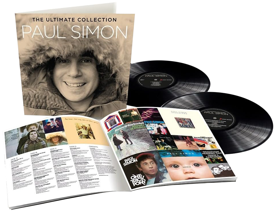 Image of The contents of the Paul Simon The Ultimate Collection 2LP, featuring two vinyl records and the sleeve notes.
