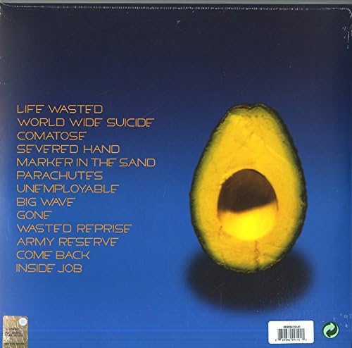Image of The reverse of the Pearl Jam - Pearl Jam artwork, listing the tracks alongside an avocado half with the stone removed, all on a blue background.
