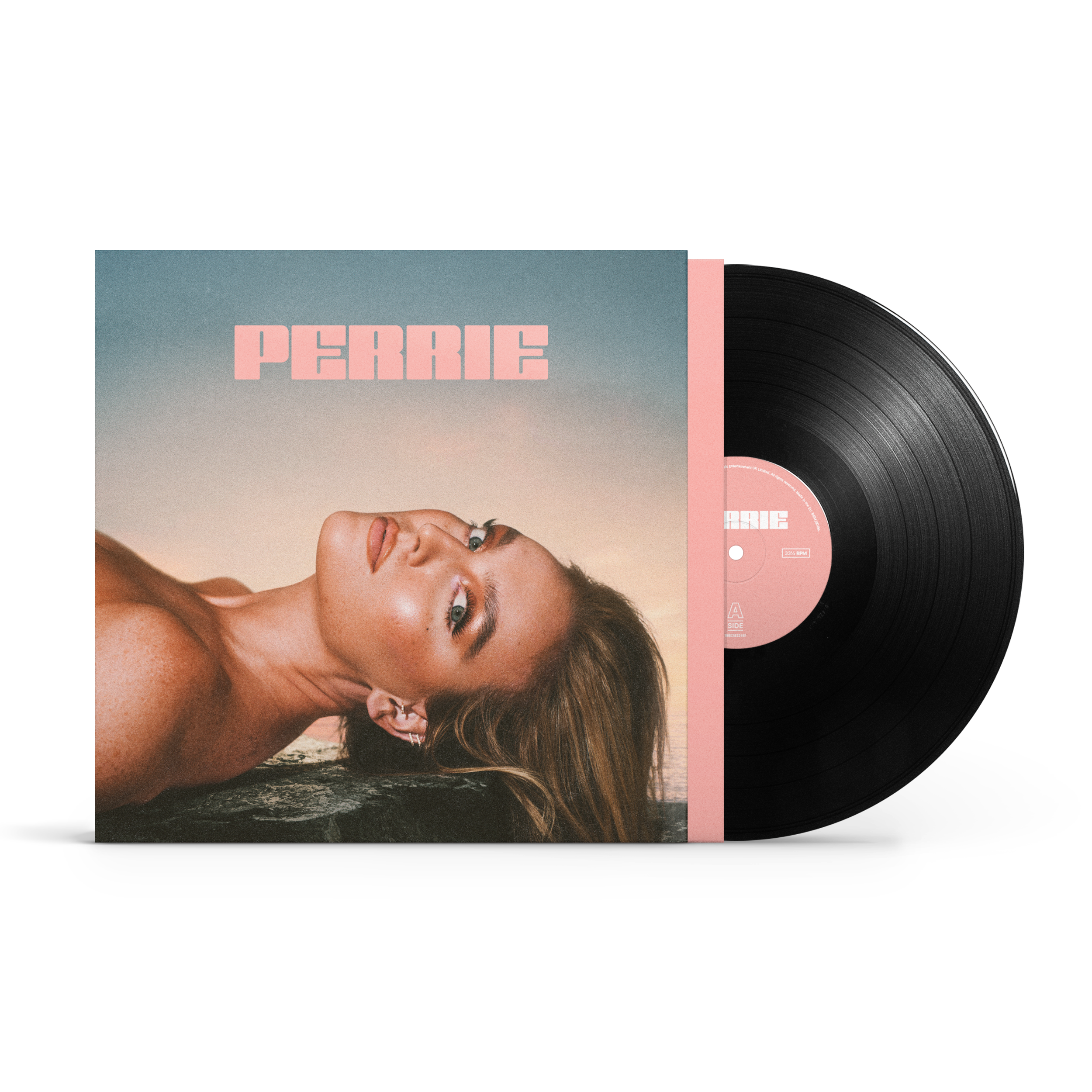 Image of Front view of PERRIE standard black vinyl, showing the album cover with the insert and vinyl partially sliding out of the sleeve