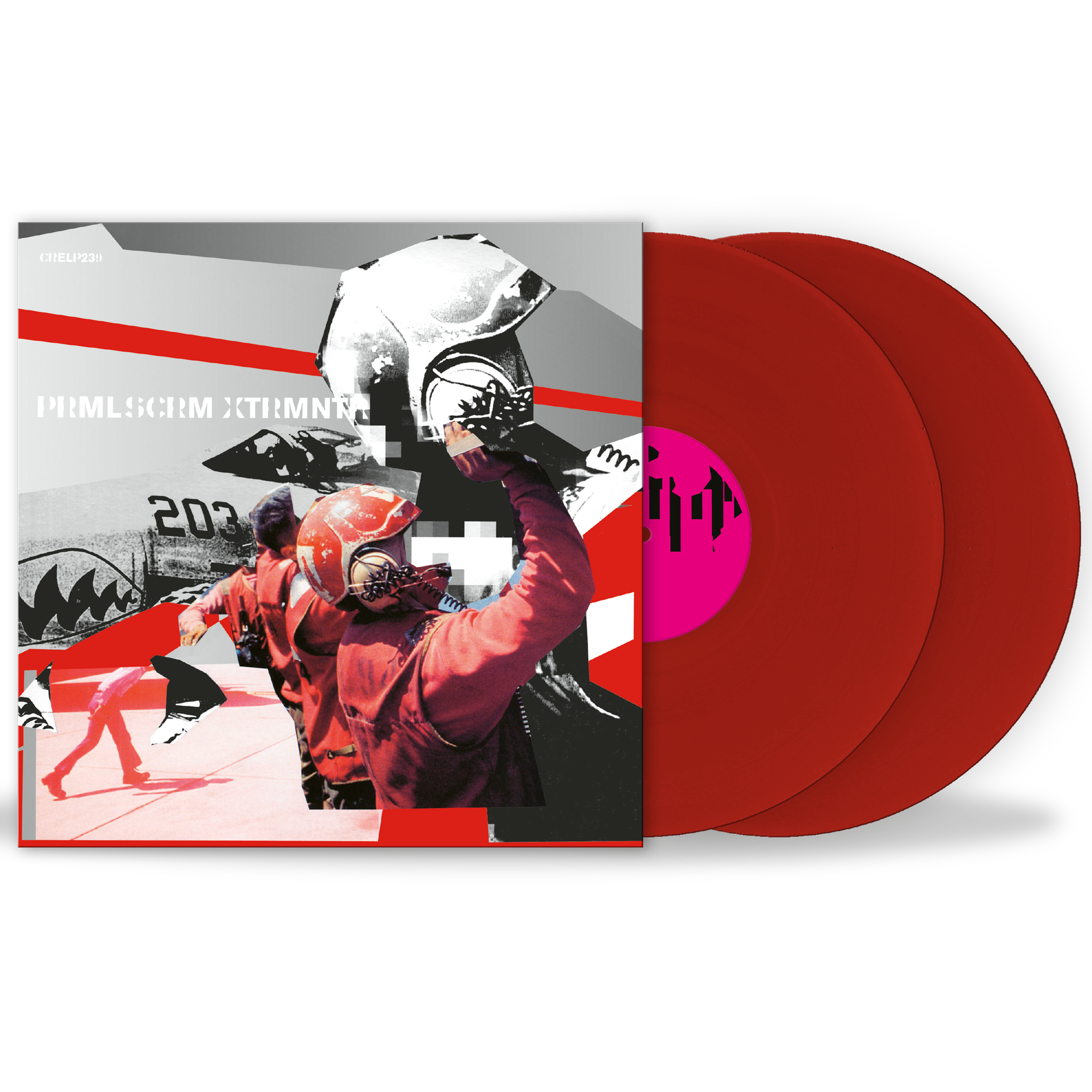 Image of Red vinyl records with a graphic design on the cover featuring a person in a helmet and racing gear.