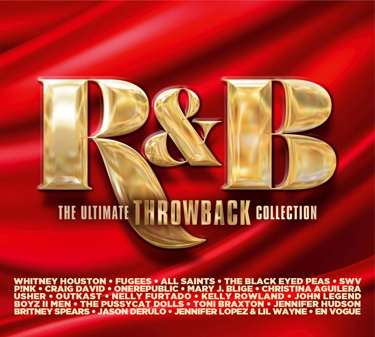 Image of Album cover for 'R&B: The Ultimate Throwback Collection' with gold letters on a red background.