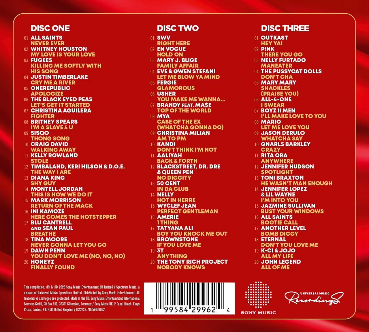 Image of R&B The Ultimate Throwback Collection album disc tracklist on a red background.