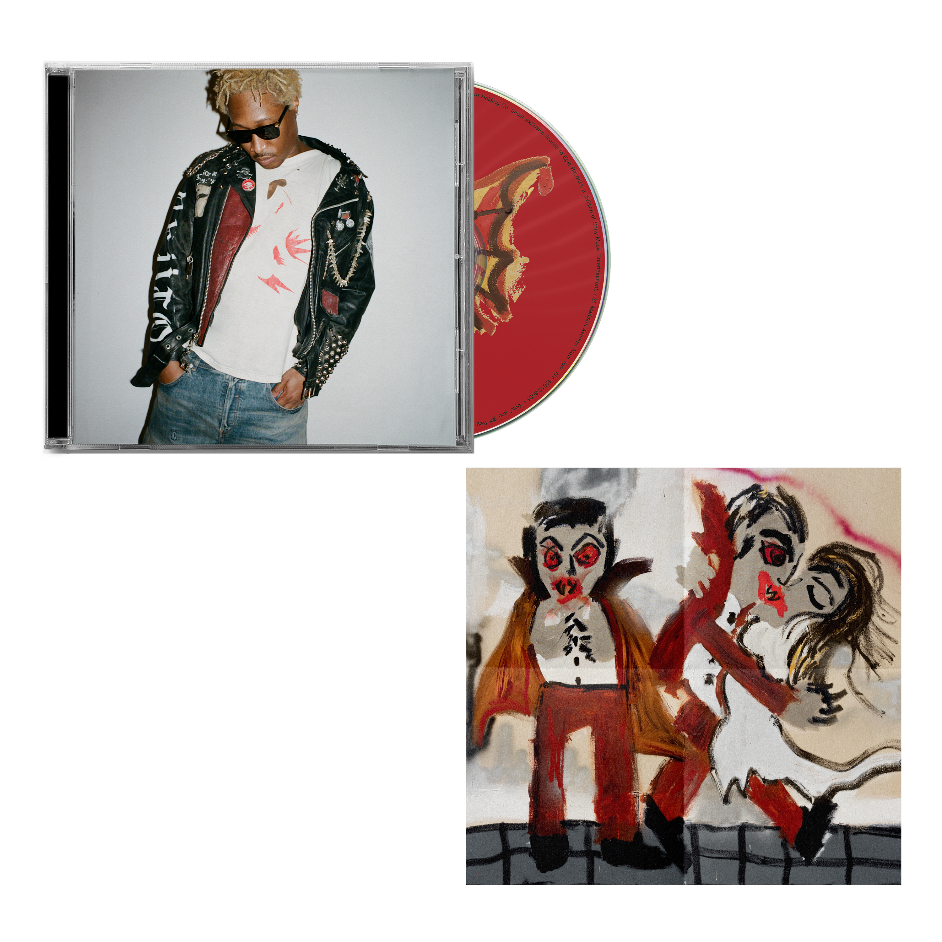 Image of CD with artwork and a person wearing a jacket with red accents