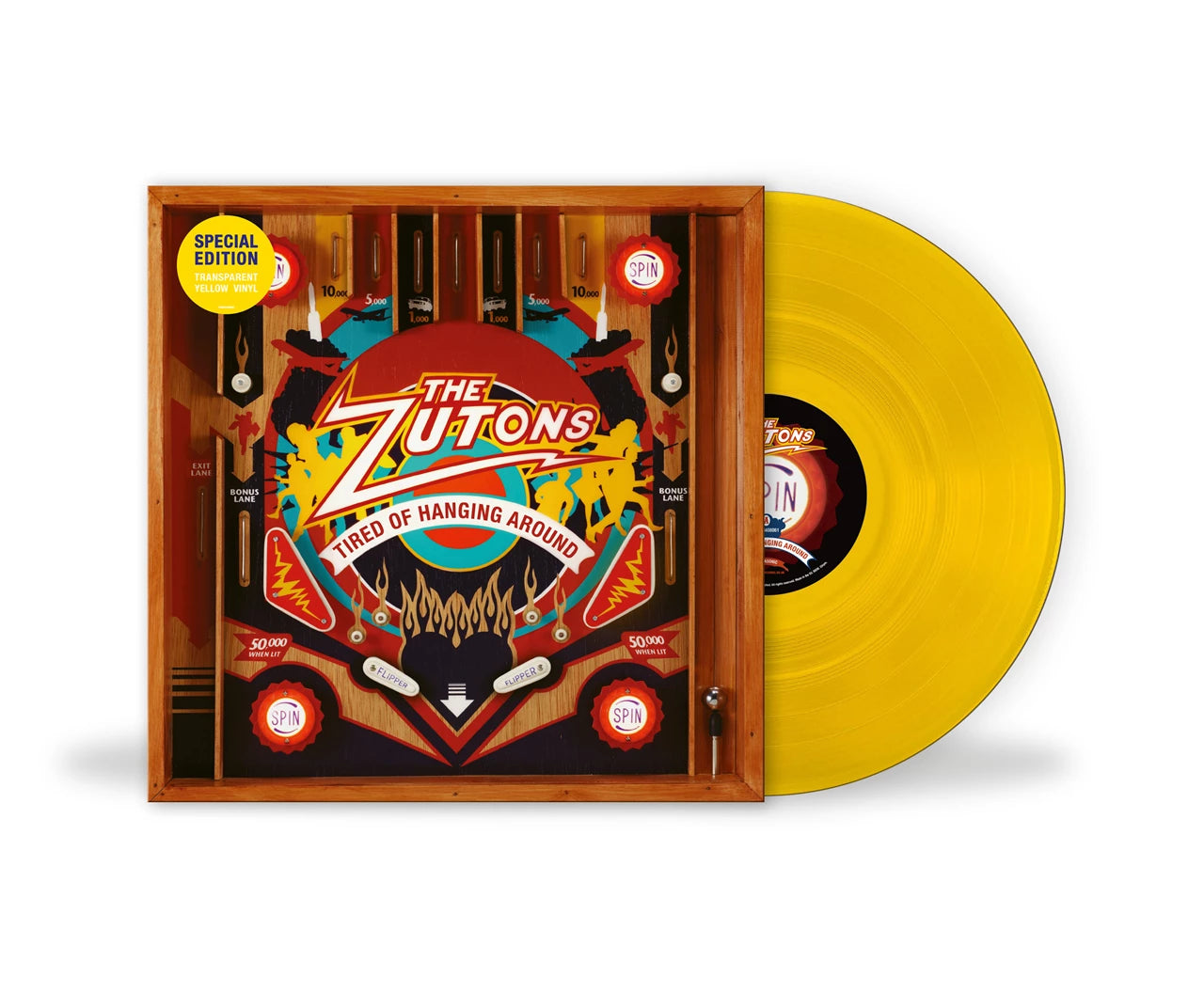 Image of Vinyl record with colorful cover featuring The Zutons 'Tired of Hanging Around'.