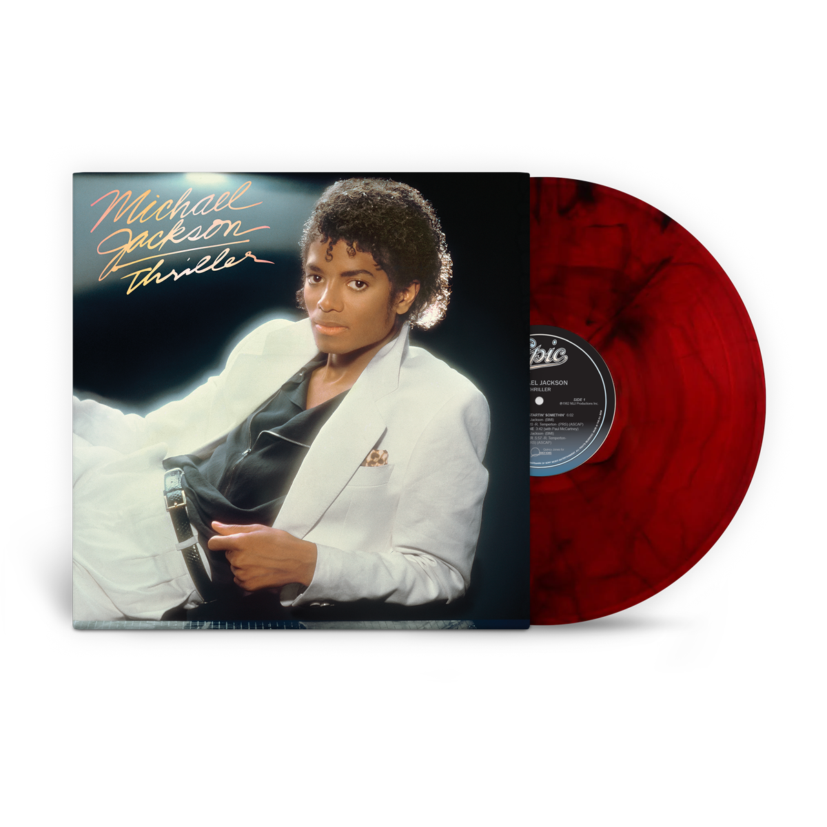 Image of Michael Jackson 'Thriller' vinyl record album with the cover art on the left and a translucent red vinyl record partially visible on the right, set against a plain white background.