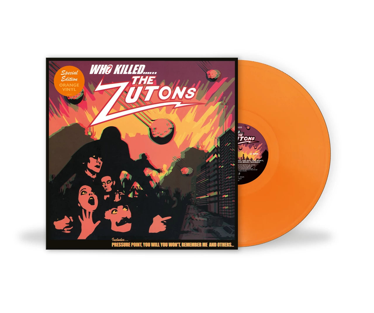 Image of Vinyl record with orange disc and colorful cover featuring 'The Zutons'